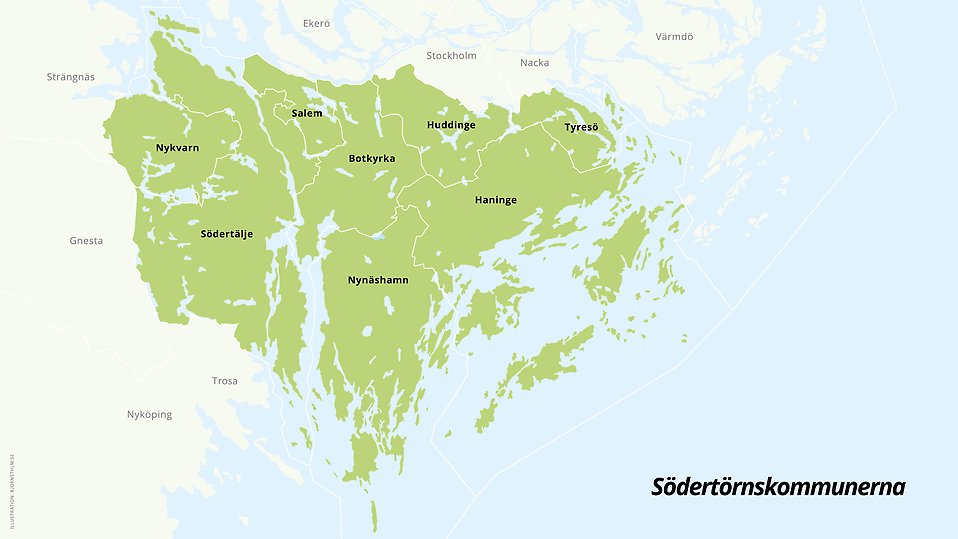 Karta över Södertörnskommunerna med angränsande kommuner.
